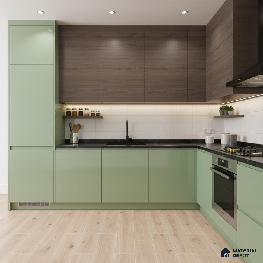 Modern dual tone kitchen with sage green laminate, walnut wood laminate, and black quartz countertop in Bengaluru