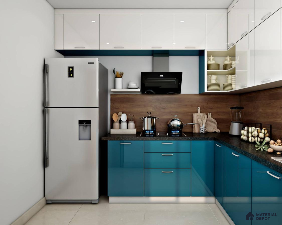 Modern dual tone kitchen with teal blue and frosty white high gloss laminate, black granite countertop, and walnut wood backsplash in Bengaluru | Material Depot