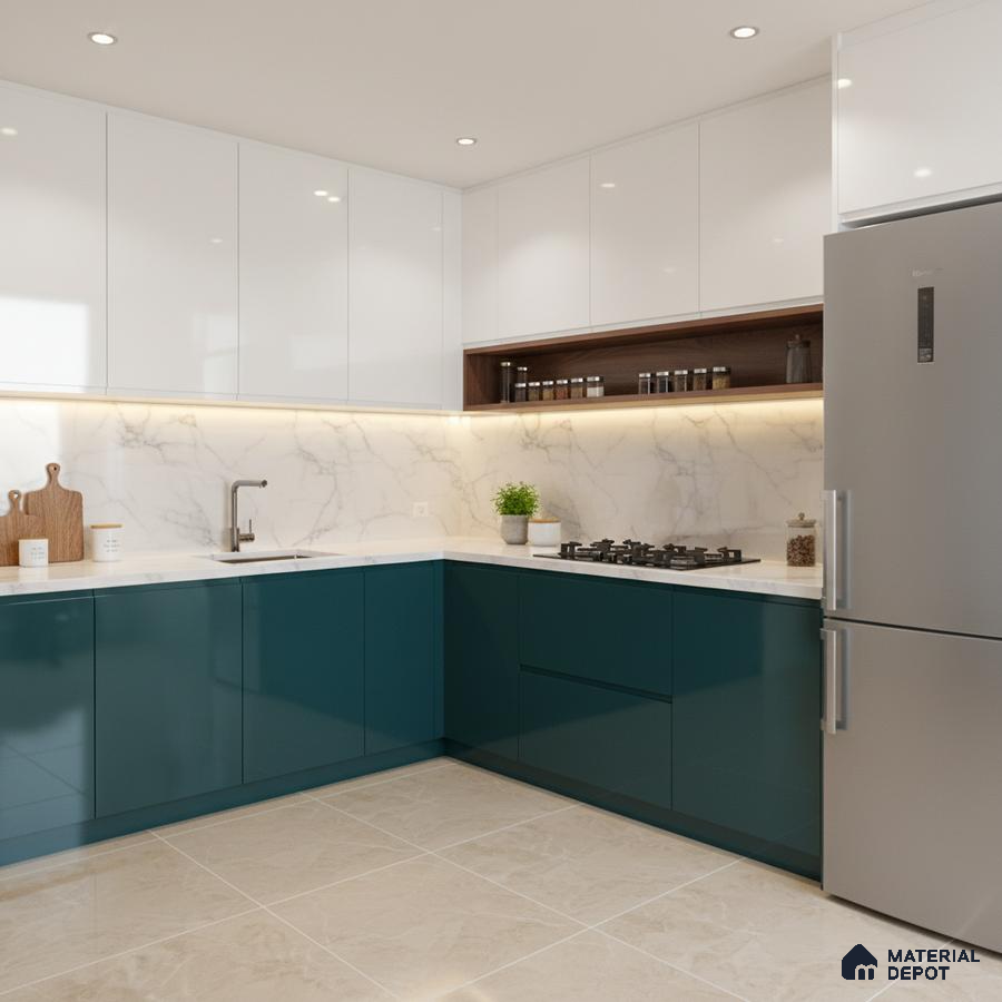 Modern dual tone kitchen with teal blue and frosty white high gloss laminate, white marble backsplash, and beige marble floor tile in Bengaluru