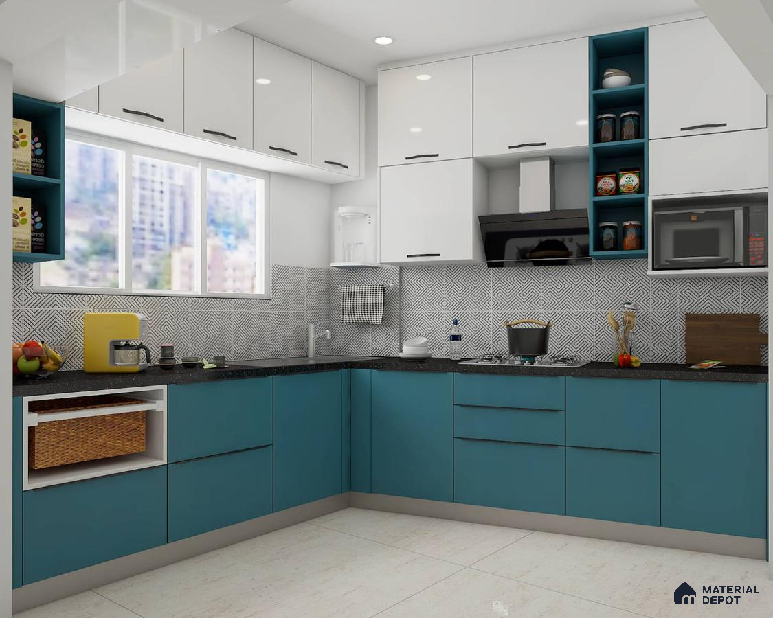 Modern dual tone kitchen with teal blue and frosty white laminate, black granite countertop, and geometric backsplash tiles in Bengaluru | Material Depot