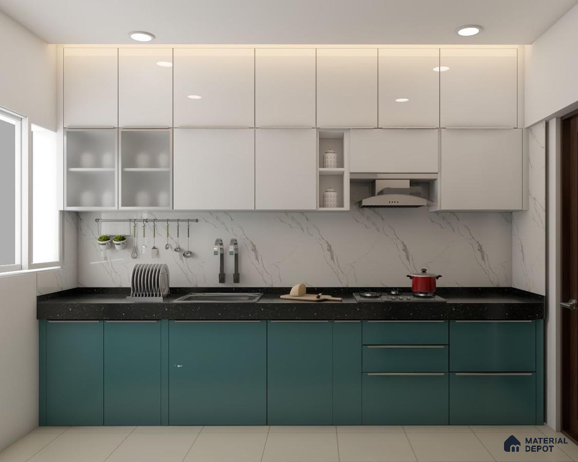 Modern dual tone kitchen with teal blue and frosty white laminate, black quartz countertop, and marble-look backsplash in Bengaluru | Material Depot
