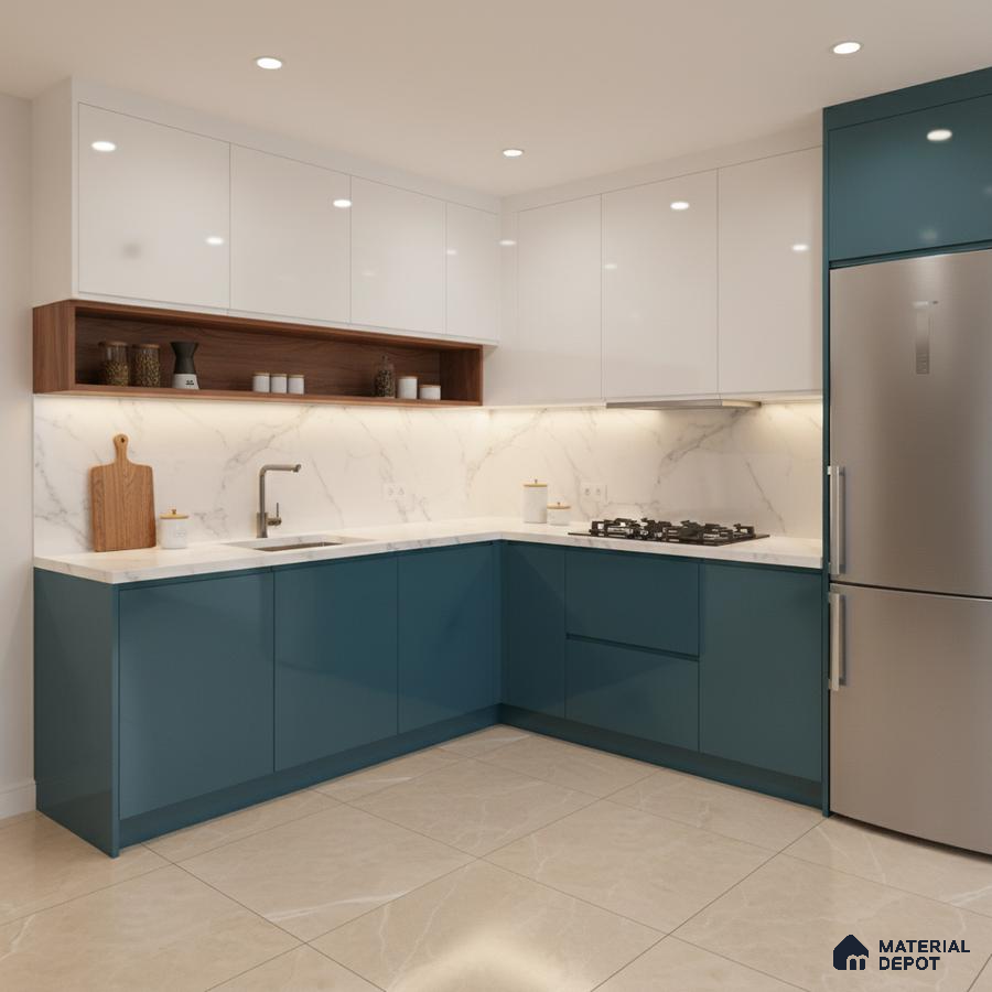 Modern dual tone kitchen with teal blue and frosty white laminate, marble-look backsplash, and beige floor tiles in Bengaluru