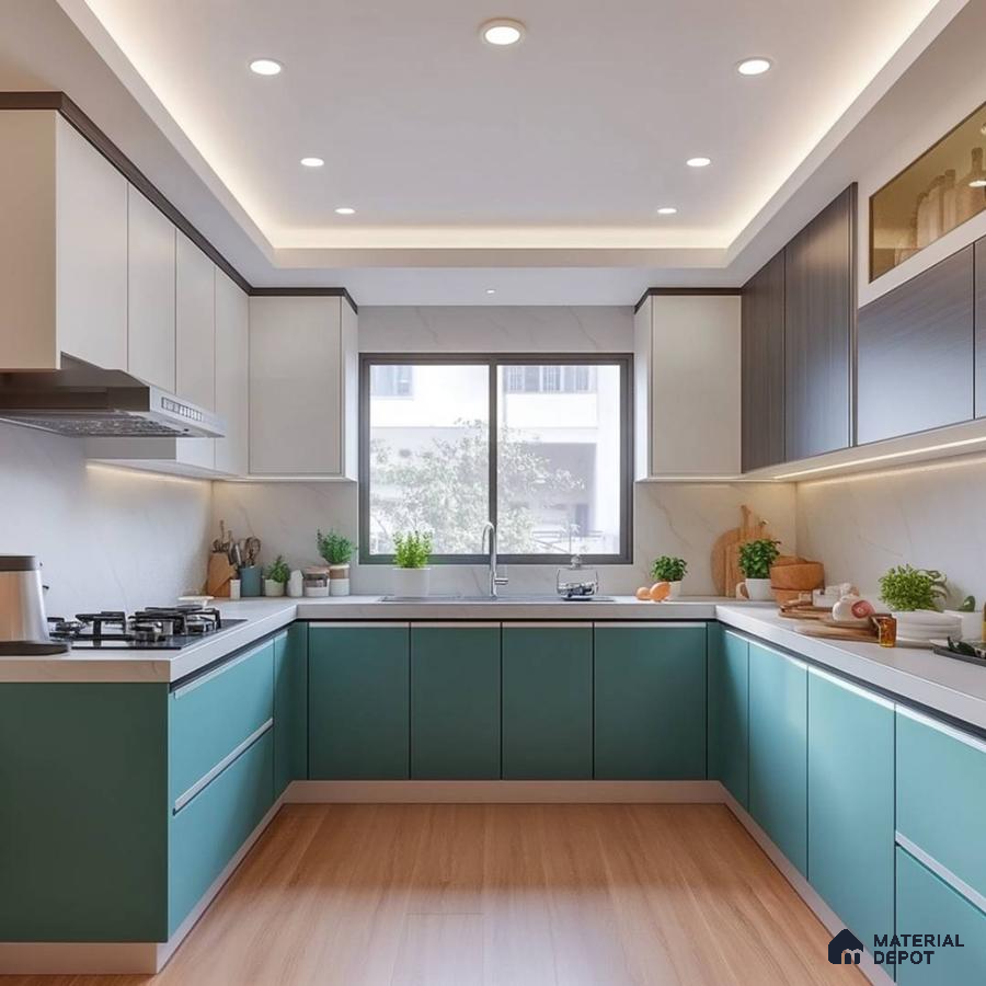 Modern dual tone kitchen with teal blue and frosty white laminate, white quartz countertop, and light wood flooring in Bengaluru | Material Depot