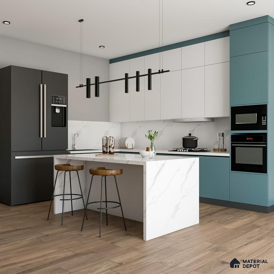 Modern dual tone kitchen with teal blue and white laminate, marble-look quartz countertop, and wood-look floor tile in Bengaluru | Material Depot