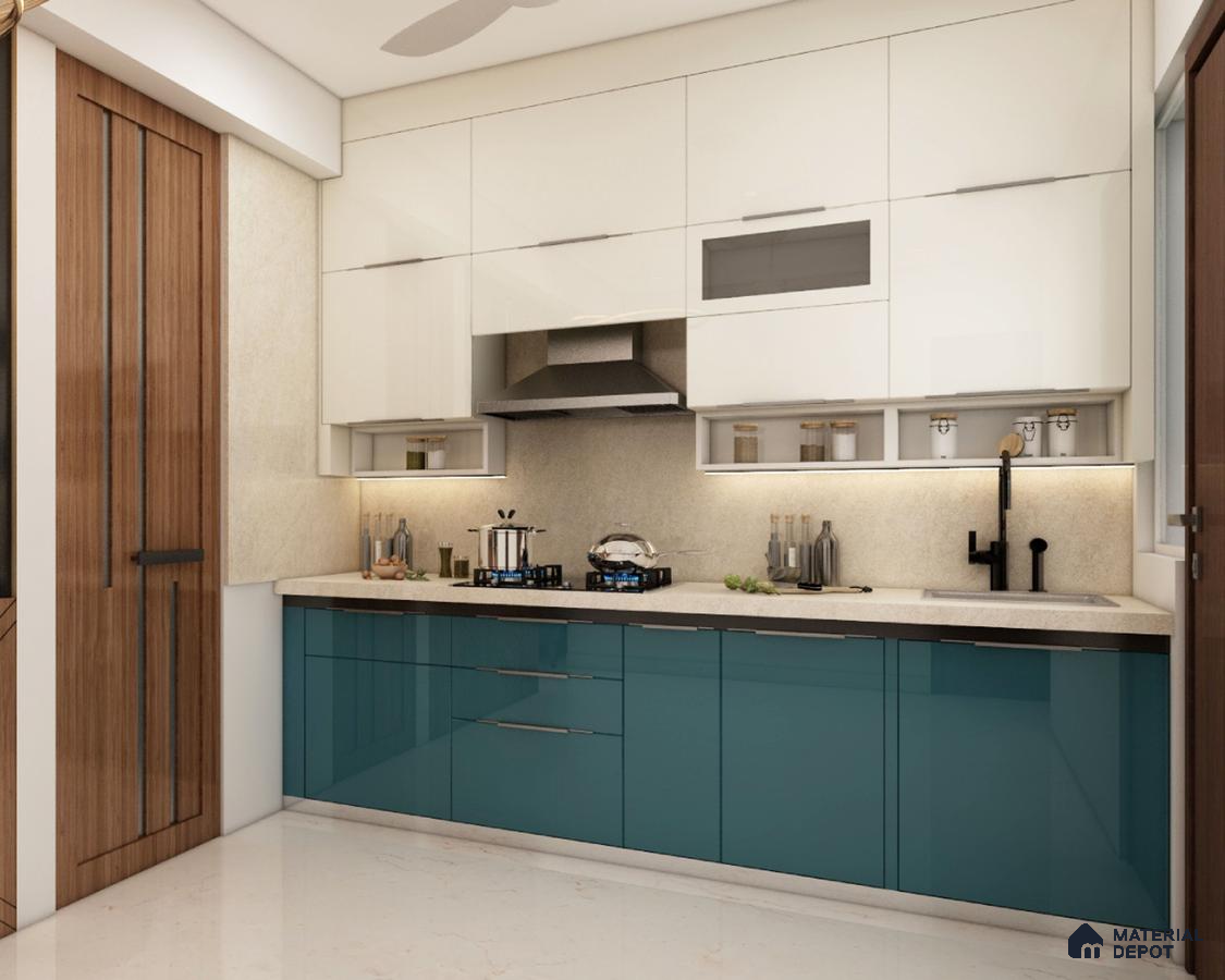 Modern dual tone kitchen with teal blue high gloss laminate, frosty white laminate, and beige quartz countertop in Bengaluru | Material Depot