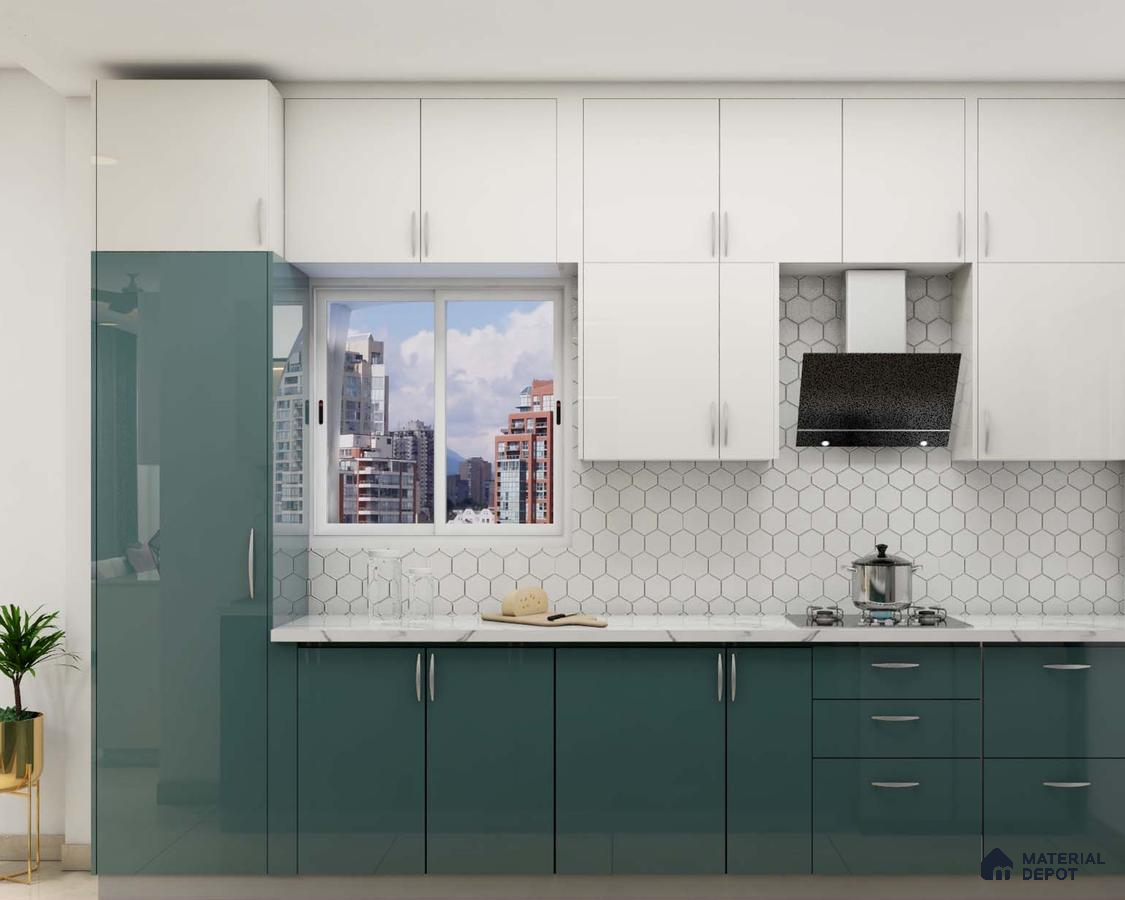 Modern dual tone kitchen with teal blue high gloss laminate, frosty white laminate, and white hexagonal backsplash tiles in Bengaluru | Material Depot