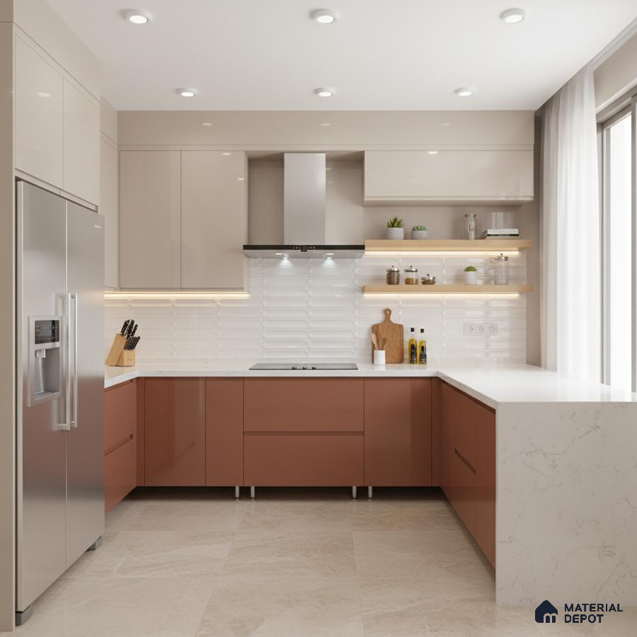 Modern dual tone kitchen with terracotta and beige high gloss laminate, white quartz countertop, and white 3D subway backsplash tile in Bengaluru