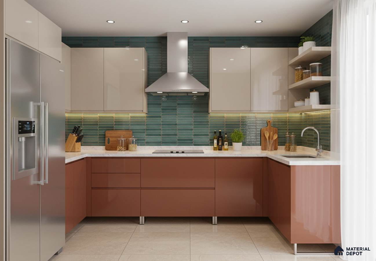 Modern dual tone kitchen with terracotta and beige laminate, green kitkat backsplash tile, and white quartz countertop in Bengaluru
