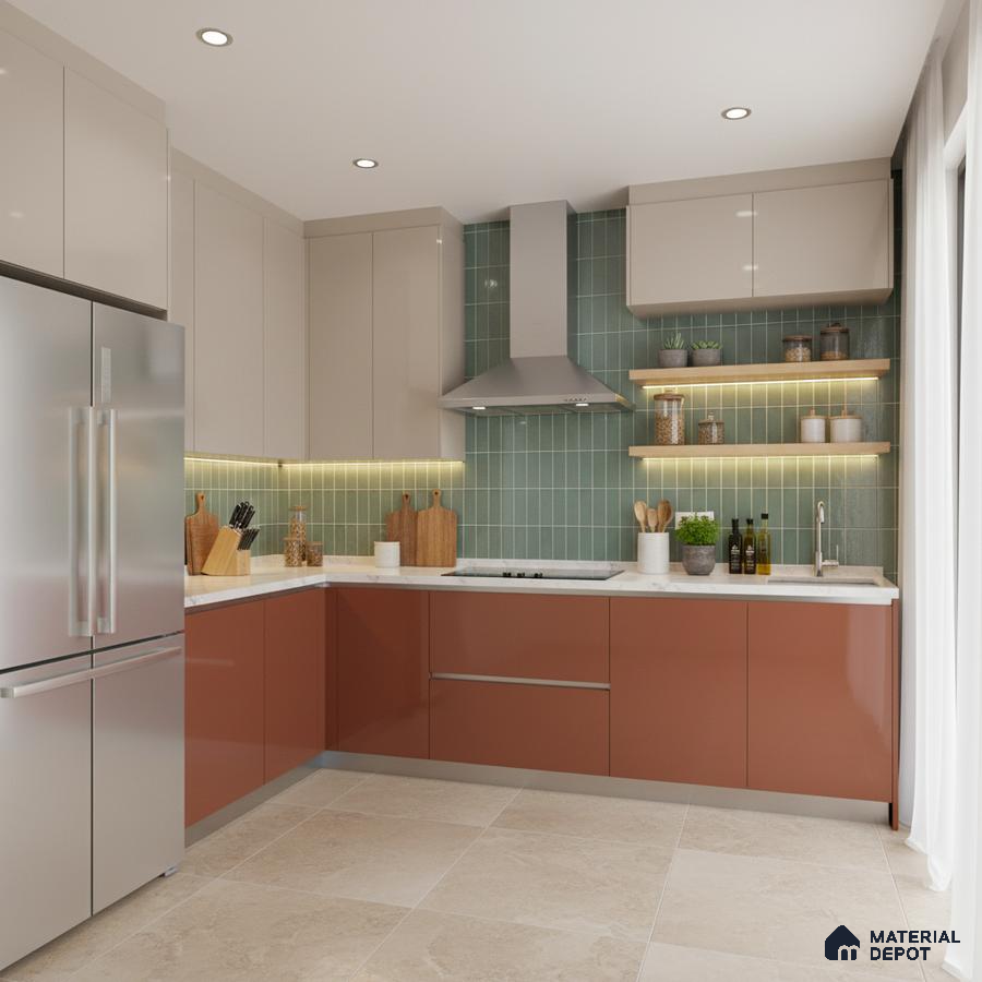 Modern dual tone kitchen with terracotta and beige laminate, green vertical subway backsplash tile, and beige floor tile in Bengaluru