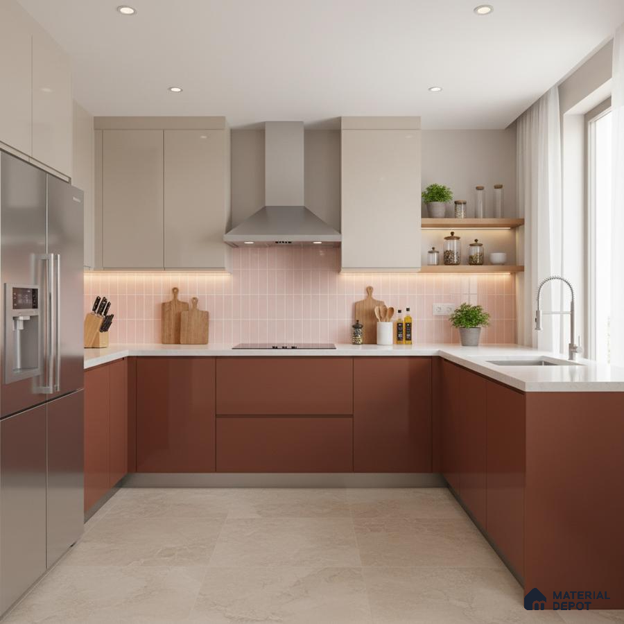 Modern dual tone kitchen with terracotta and beige laminate, white quartz countertop, and pink subway tile backsplash in Bengaluru