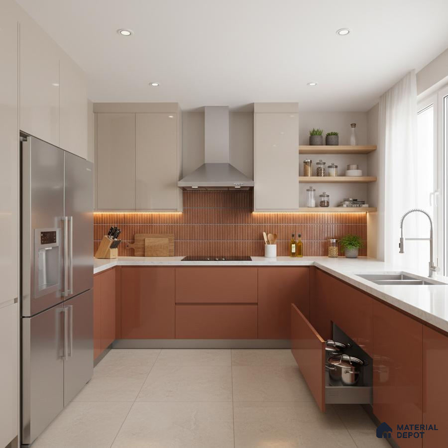 Modern dual tone kitchen with terracotta and beige laminate, white quartz countertop, and terracotta kitkat backsplash tile in Bengaluru