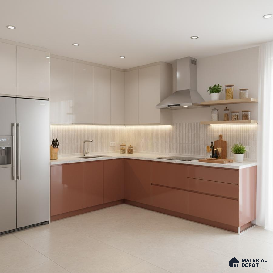 Modern dual tone kitchen with terracotta and beige laminate, white quartz countertop, and vertical subway backsplash tiles in Bengaluru