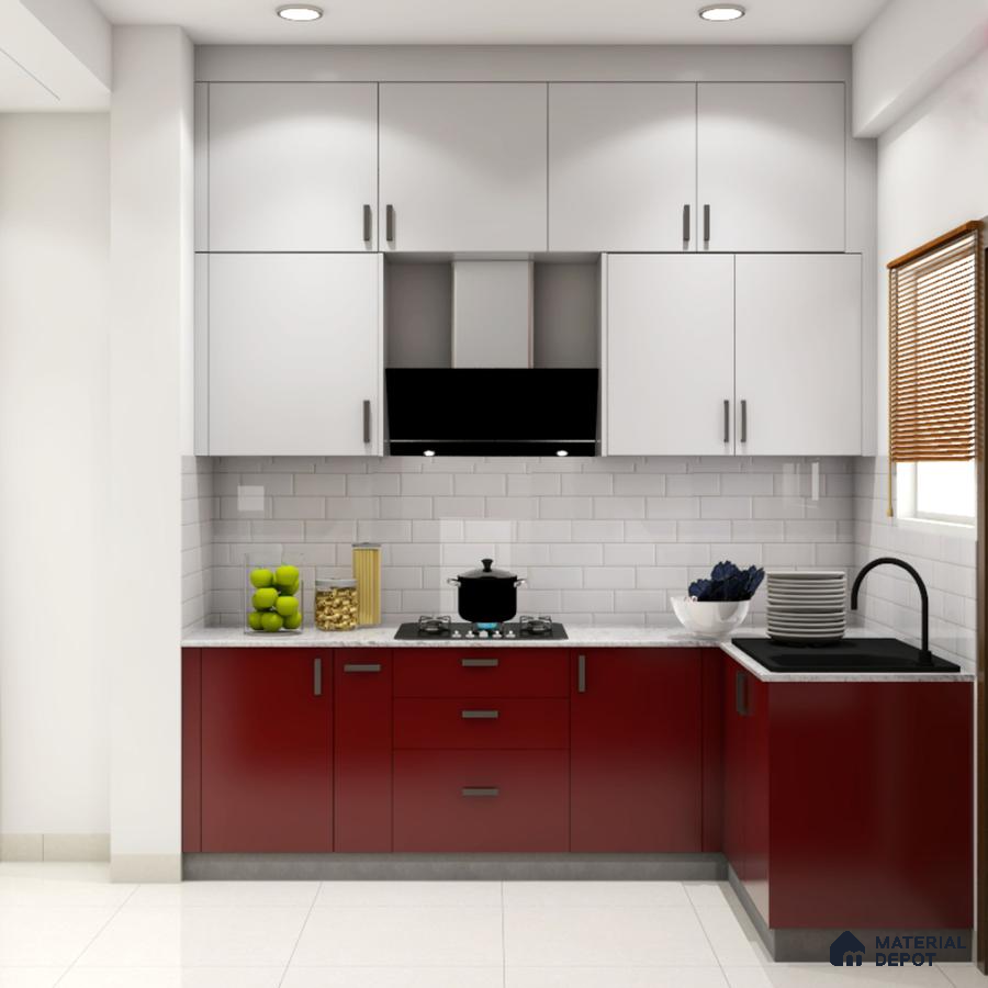 Modern dual tone kitchen with white and deep red laminate, white subway backsplash tile, and white quartz countertop in Bengaluru | Material Depot