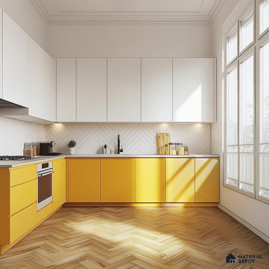 Modern dual tone kitchen with white and yellow laminate, herringbone backsplash tile, and light oak wood flooring in Bengaluru | Material Depot