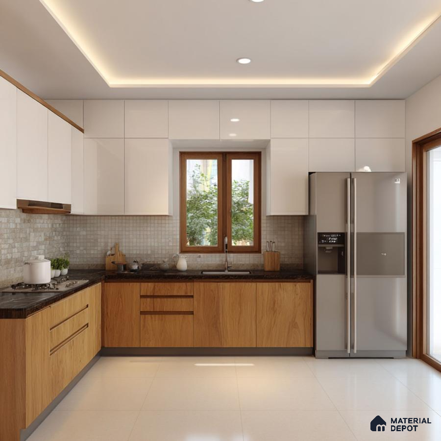 Modern dual tone kitchen with white high gloss laminate, natural oak wood laminate, and mosaic tile backsplash in Bengaluru | Material Depot