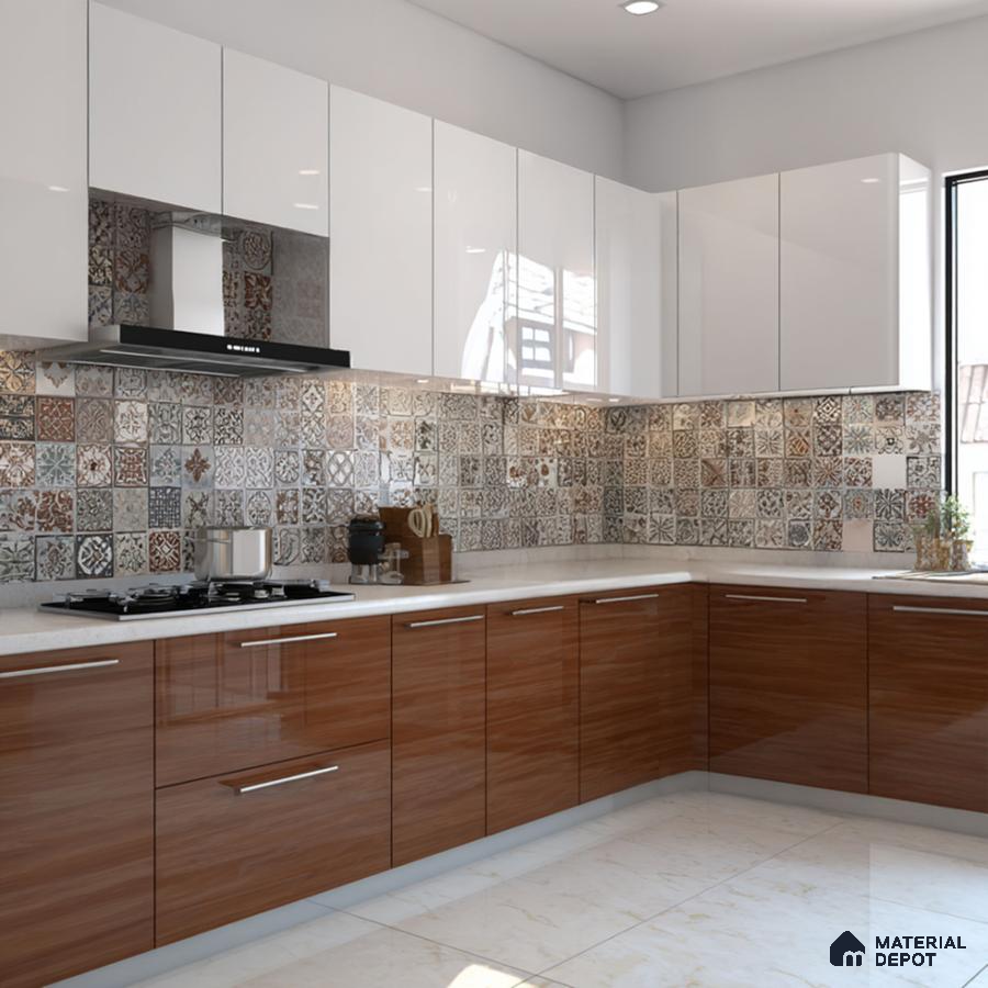 Modern dual tone kitchen with white high gloss laminate, walnut brown wood laminate, and patterned moroccan backsplash tiles in Bengaluru | Material Depot