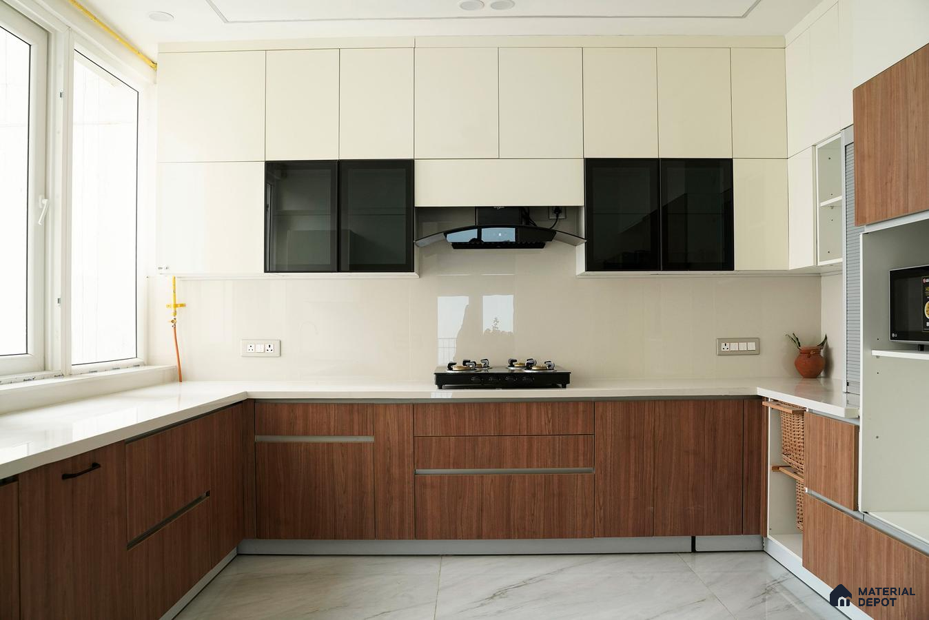 Modern dual tone kitchen with white laminate, walnut wood laminate, and white quartz countertop in Bengaluru | Material Depot