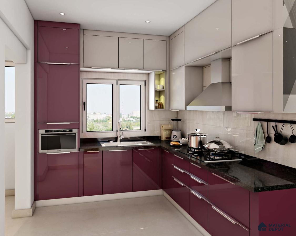 Modern dual tone kitchen with wine high gloss laminate and frosty white laminate cabinets, black granite countertop in Bengaluru | Material Depot