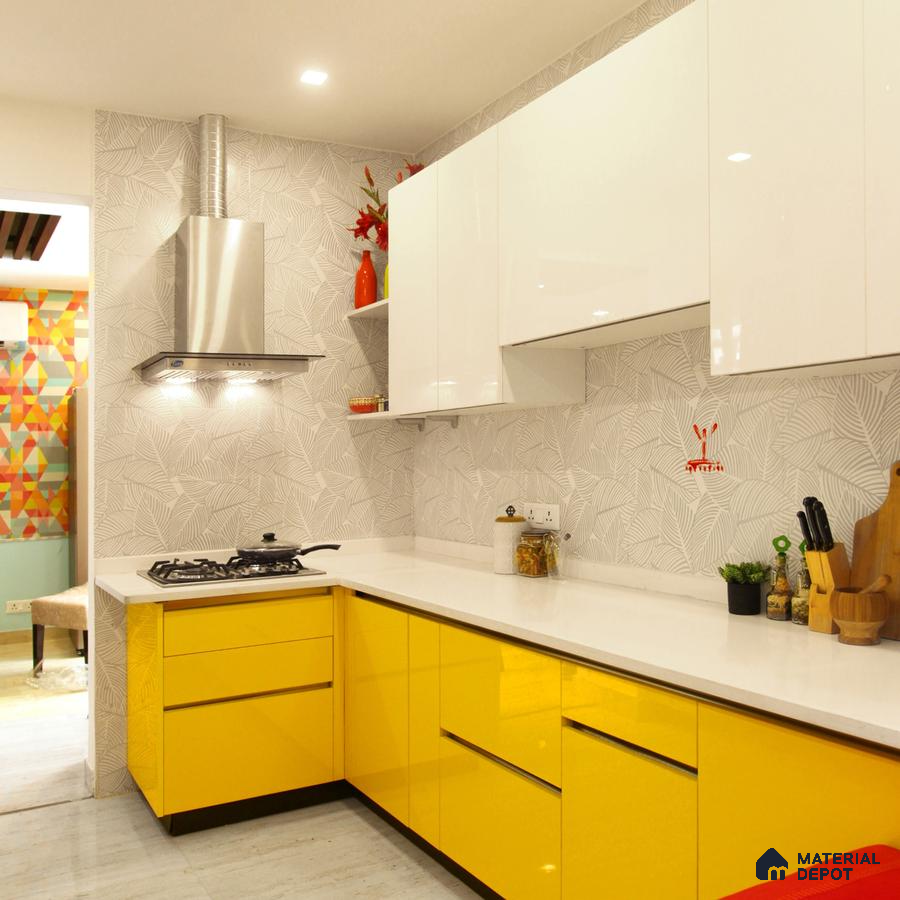 Modern dual tone kitchen with yellow high gloss laminate, white high gloss laminate, and white quartz countertop in Bengaluru | Material Depot