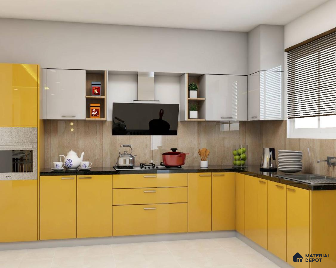 Modern dual tone kitchen with yellow high gloss laminate, white laminate, and black granite countertop in Bengaluru | Material Depot