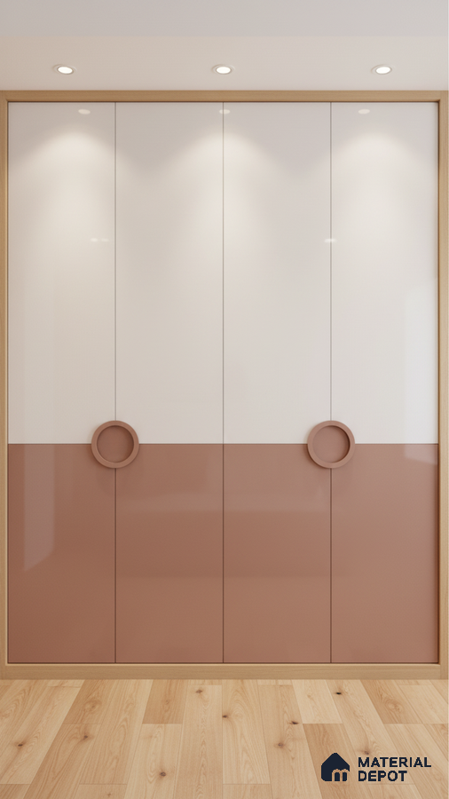 Modern dual tone wardrobe with blush pink and frosty white high gloss laminate and light oak wooden flooring in Bengaluru