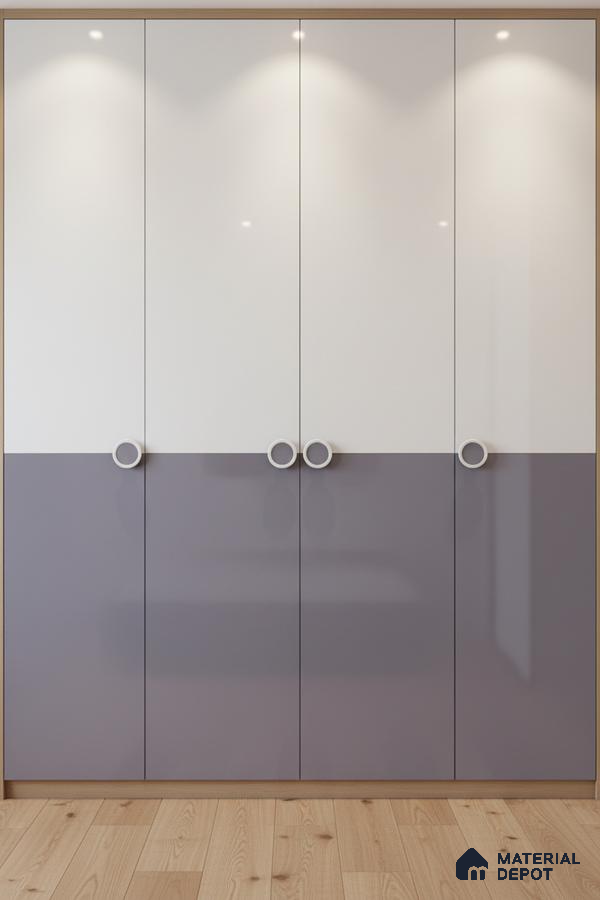 Modern dual tone wardrobe with glossy white and lavender laminate shutters and light oak wooden flooring in Bengaluru