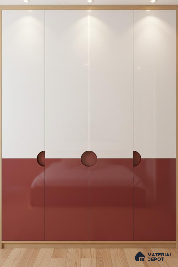 Modern dual tone wardrobe with glossy white and terracotta red laminate in bedroom in Bengaluru