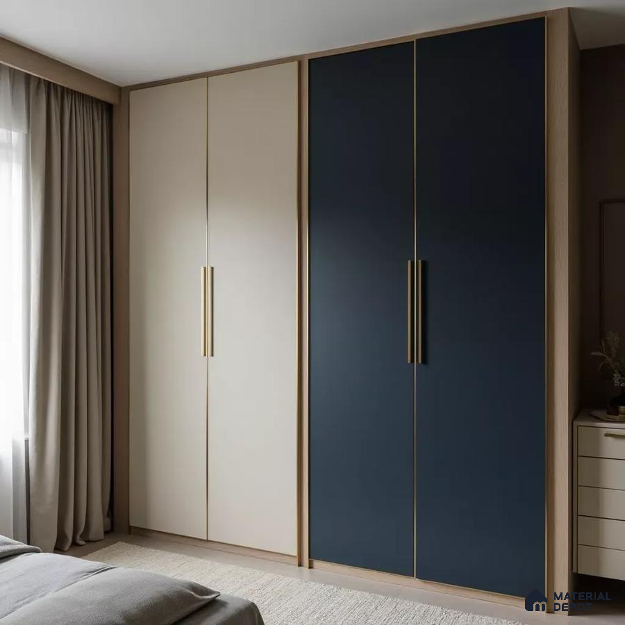 Modern dual-tone wardrobe with navy blue and beige solid color laminates in bedroom | Material Depot