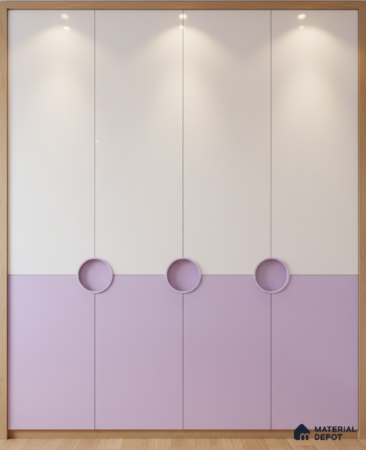 Modern dual tone wardrobe with pastel lavender and white laminate in kids room in Bengaluru