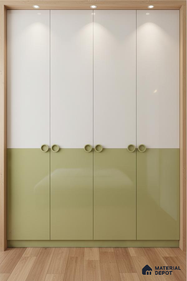 Modern dual tone wardrobe with sage green and frosty white laminate and light oak wooden flooring in Bengaluru