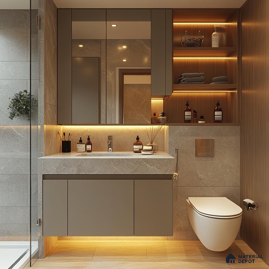 Modern Elegance: Sleek Bathroom Vanity with Ambient Lighting and Marble Finishes | Material Depot