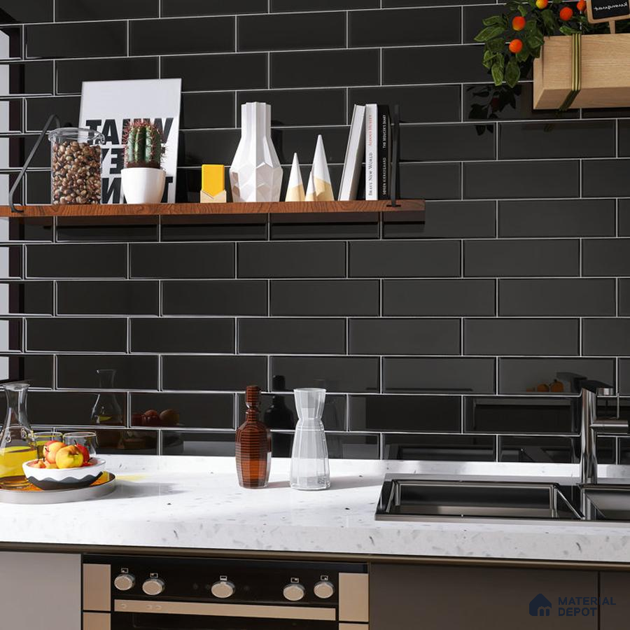 Modern Elegance Textured White Countertop with Sleek Black Backsplash | Material Depot