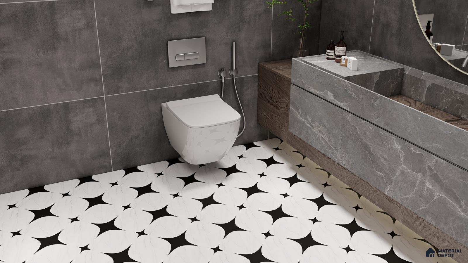 Modern Elegance with Black and White Patterned Tiles in a Contemporary Bathroom | Material Depot
