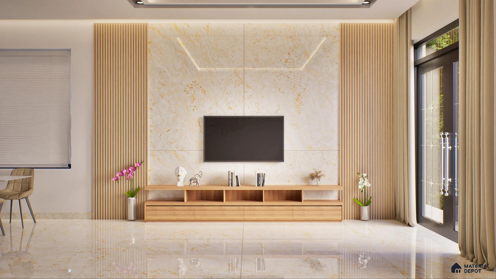 Modern Elegant Living Room with Marble and Wood Accents | Material Depot