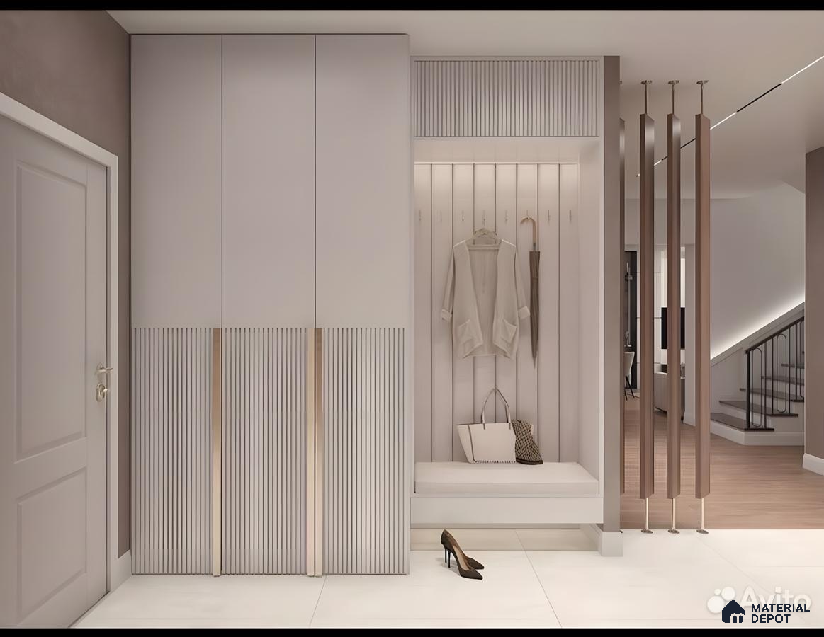 Modern Entrance Wardrobe With Beige Wood And Fluted Panels | Material Depot