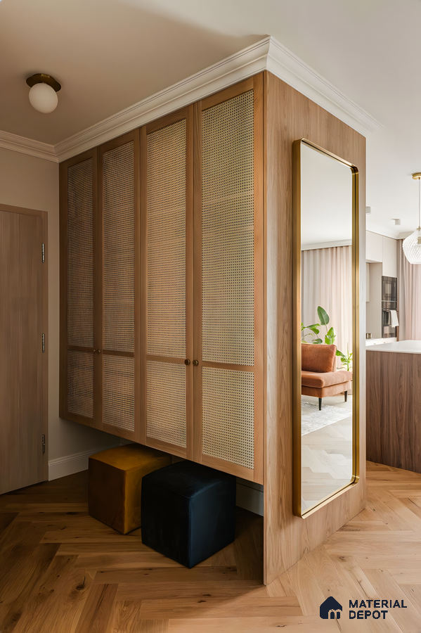 Modern Entryway with Rattan-Paneled Wardrobe and Full-Length Mirror | Material Depot