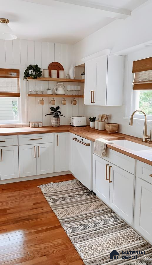 Modern Farmhouse Kitchen With White Cabinets, Wood Countertops, And Woven Runner Rug | Material Depot