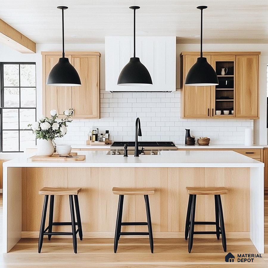 Modern Farmhouse Kitchen with Wood Accents and Black Pendant Lights | Material Depot