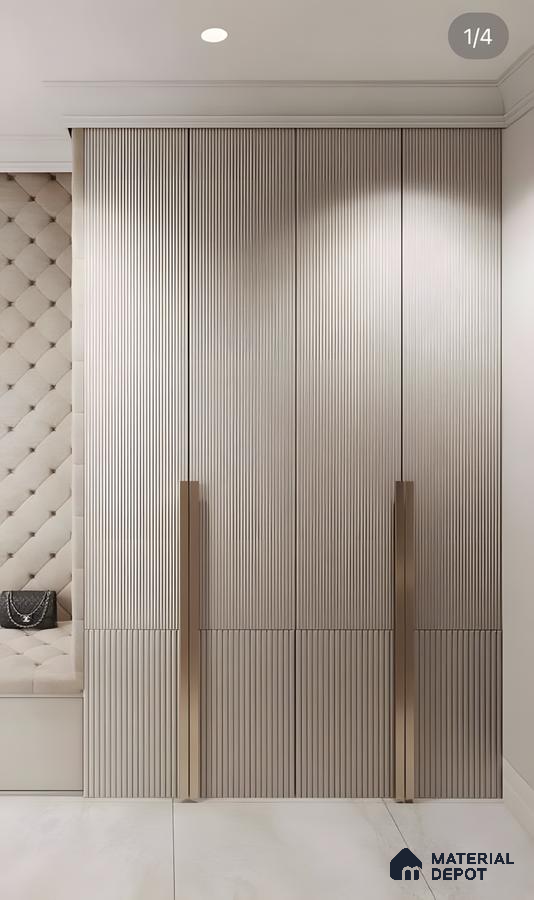 Modern Fluted Wardrobe With Gold Handles And Beige Wood Finish | Material Depot