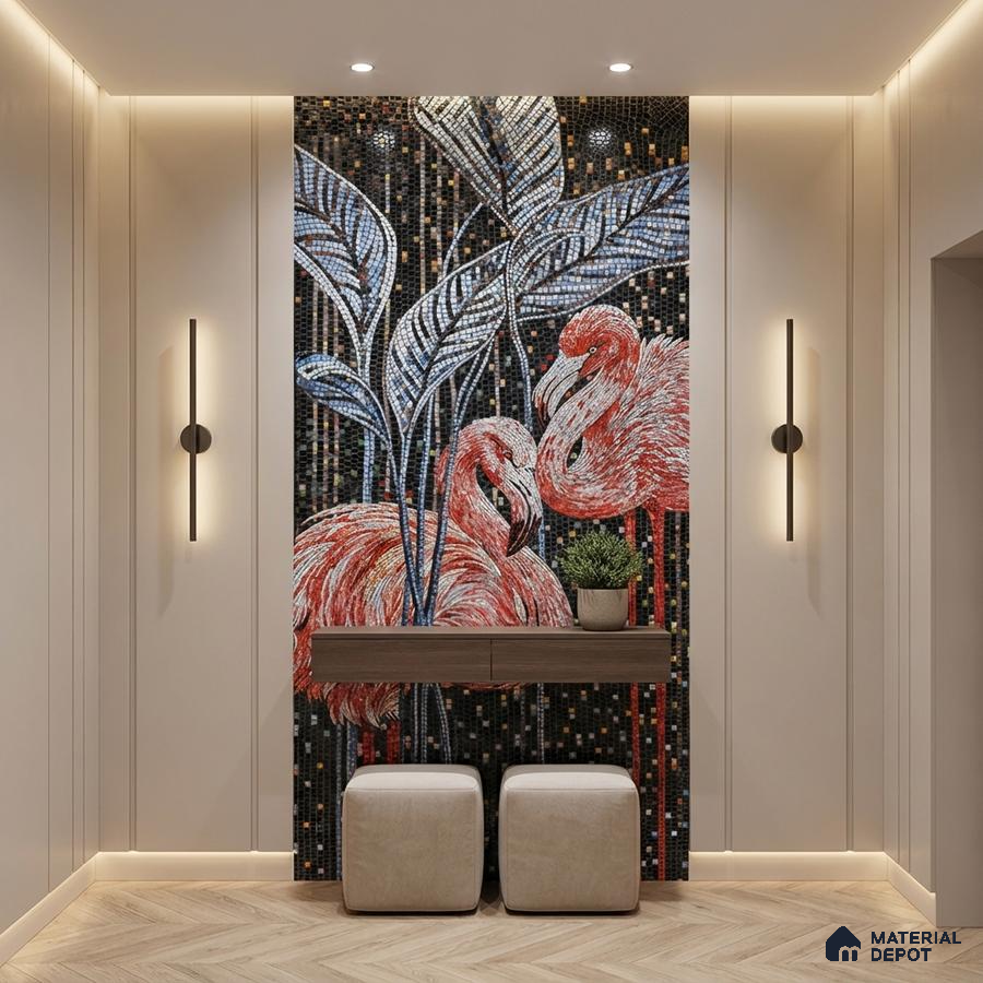 Modern foyer with flamingo mosaic highlighter wall and beige herringbone wooden flooring
