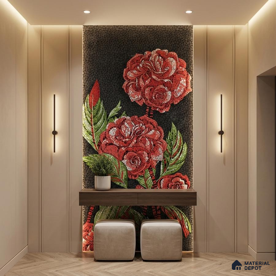 Modern foyer with floral mosaic accent wall and wood floating console