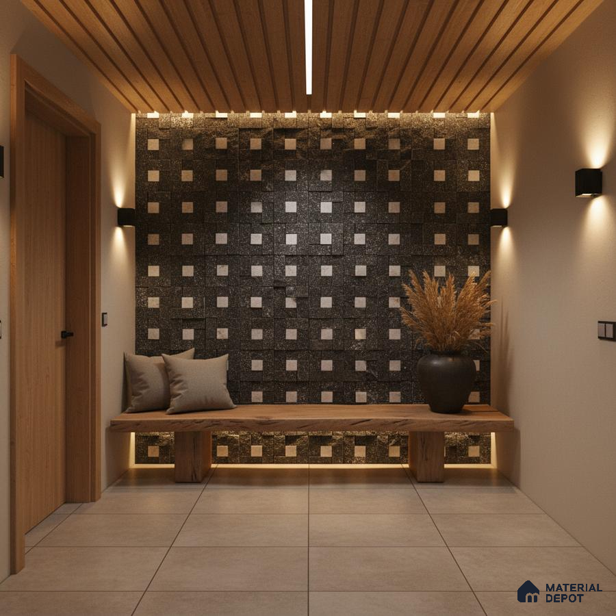 Modern foyer with geometric black stone accent wall, wooden ceiling louvers, and beige floor tiles in Bengaluru