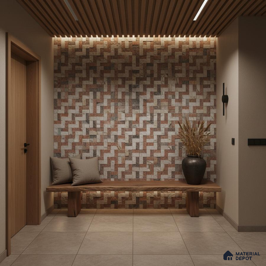 Modern foyer with geometric stone cladding accent wall and wooden bench in Bengaluru