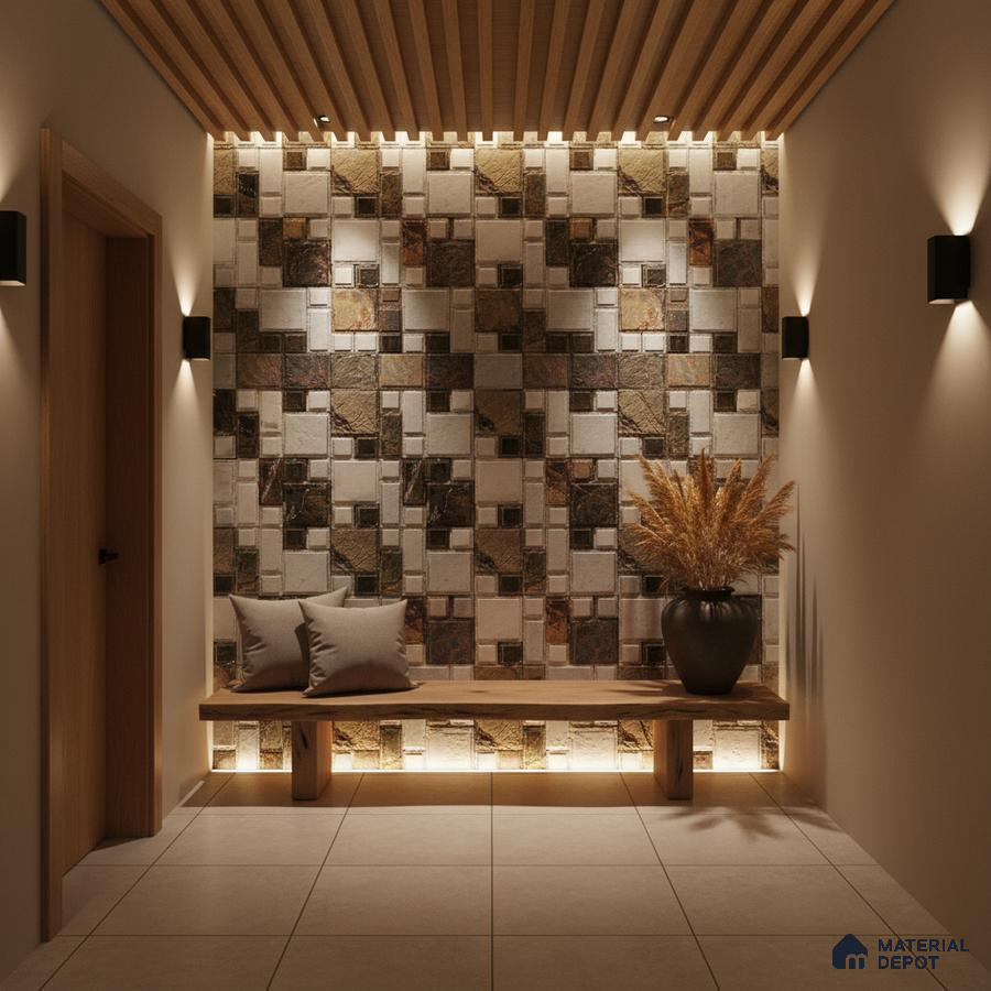 Modern foyer with geometric stone cladding accent wall and wooden louver ceiling in Bengaluru
