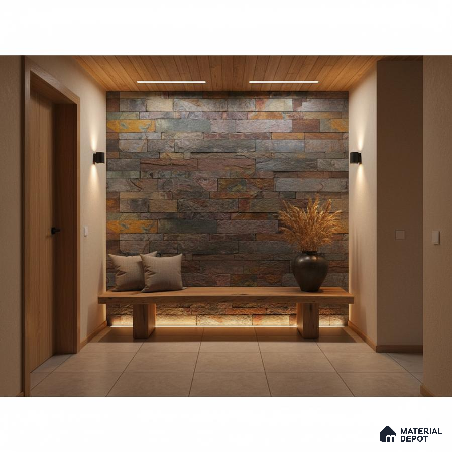 Modern foyer with multicolor stacked stone cladding, wooden ceiling, and beige floor tiles in Bengaluru