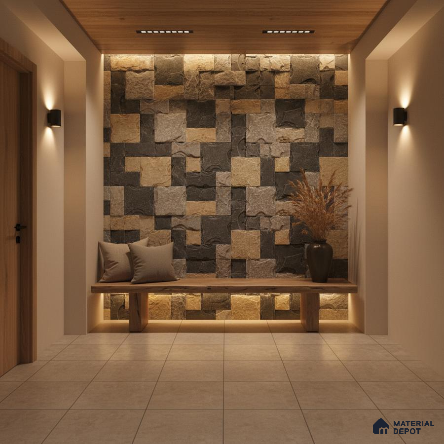 Modern foyer with natural stone cladding accent wall and wooden bench seating in Bengaluru