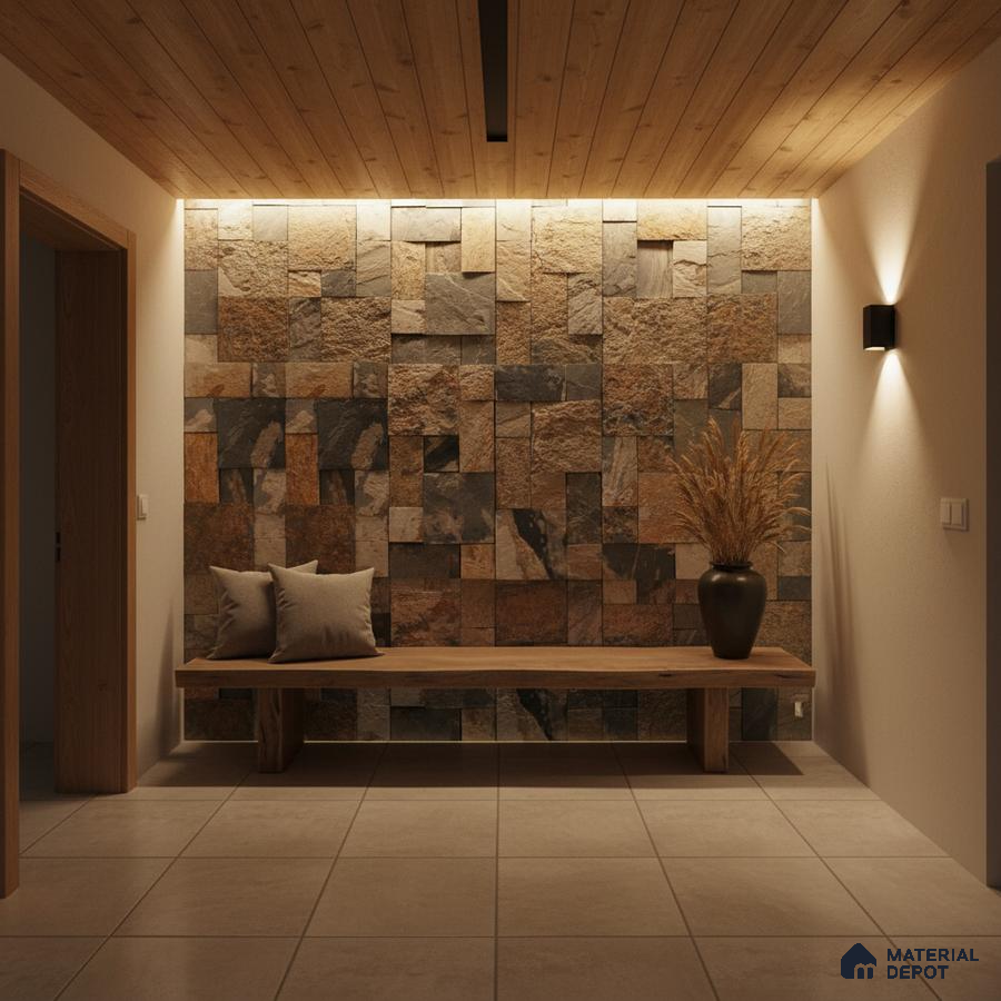 Modern foyer with natural stone cladding accent wall, wooden ceiling, and beige floor tiles in Bengaluru