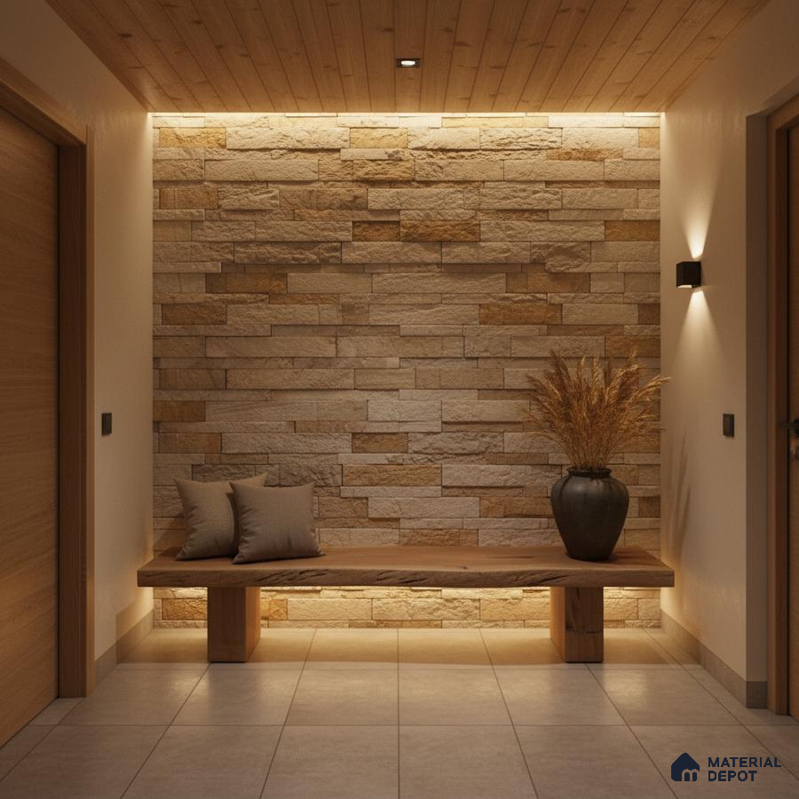 Modern foyer with natural stone cladding, wooden bench, and beige floor tiles in Bengaluru