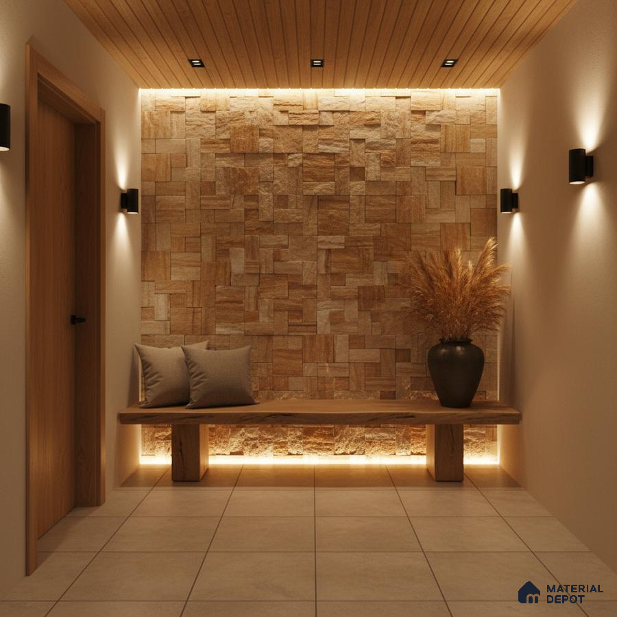 Modern foyer with natural stone cladding, wooden ceiling panels, and beige floor tiles in Bengaluru