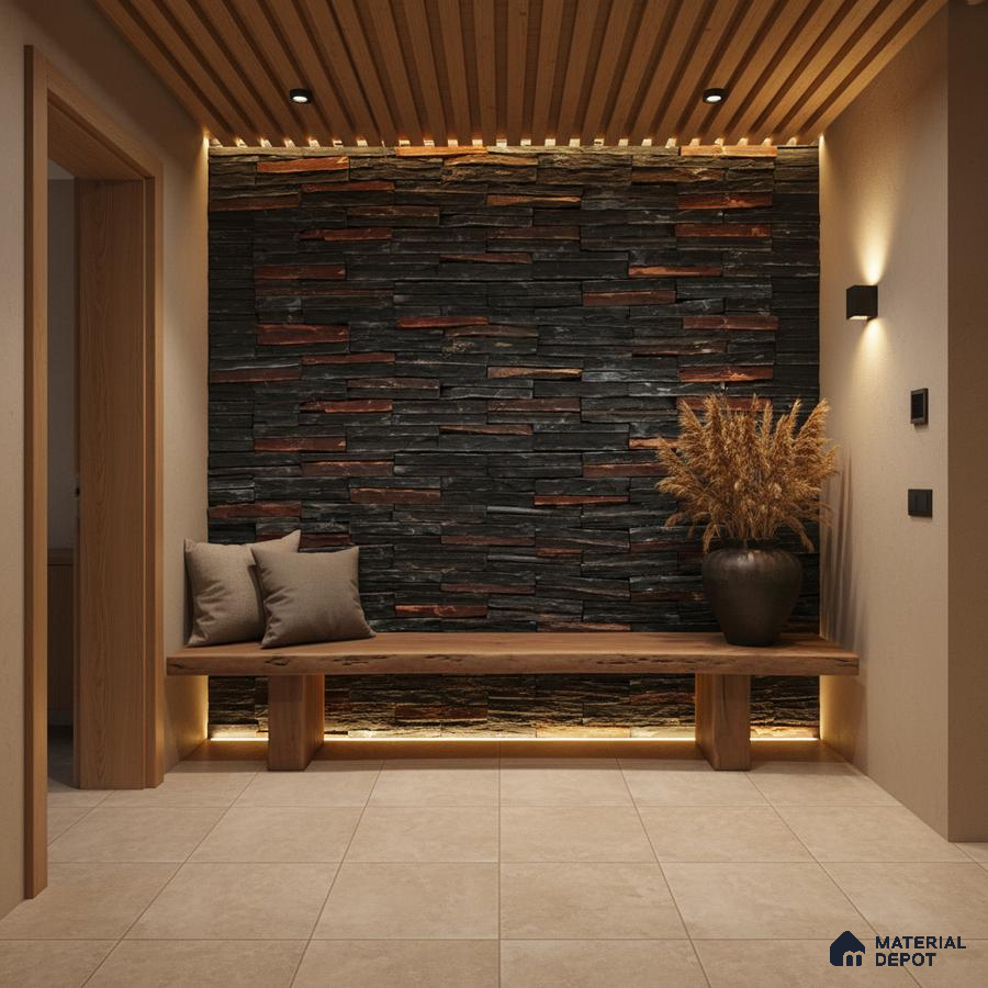 Modern foyer with stacked stone cladding, wooden bench, and beige floor tiles in Bengaluru